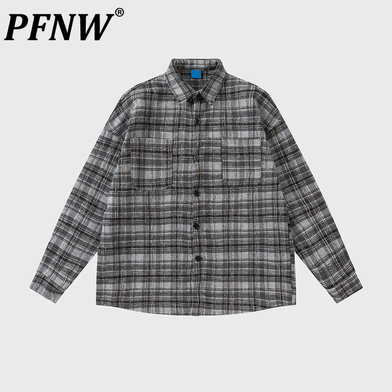

PFNW Men's Bottom Shirt Autumn Spring Plaid Pocket Drop Shoulder Elegant Long Sleeve Shirts High Street Tide Chic Top 12Z4686