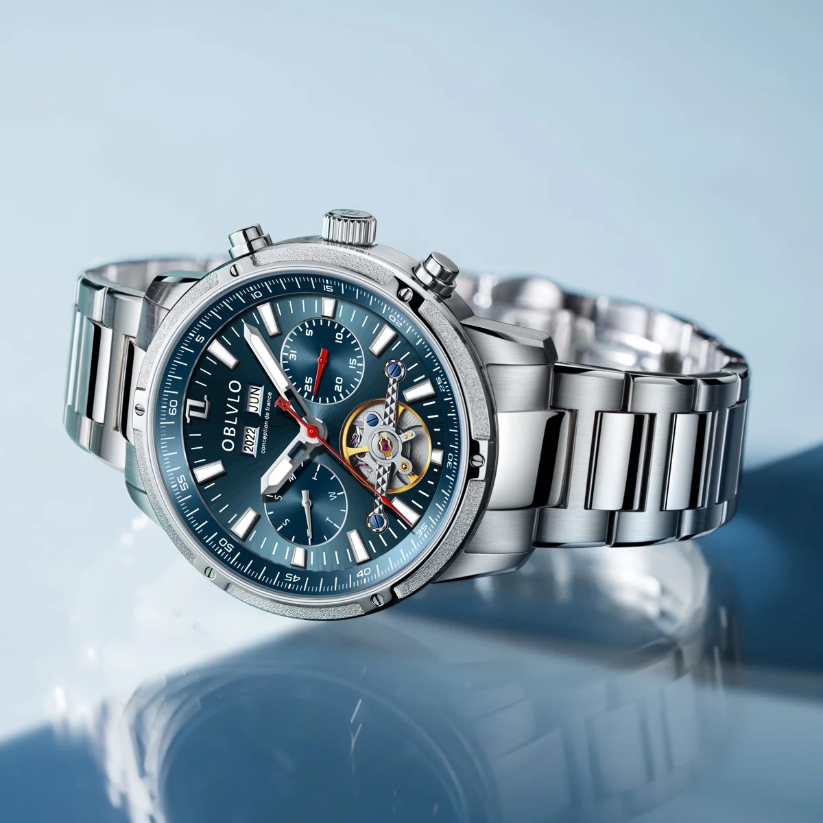 Скидка Автоматические Мужские часы OBLVLO, механические светящиеся часы с турбийоном, из нержавеющей стали, с сапфировым ремешком, водонепроницаемые...