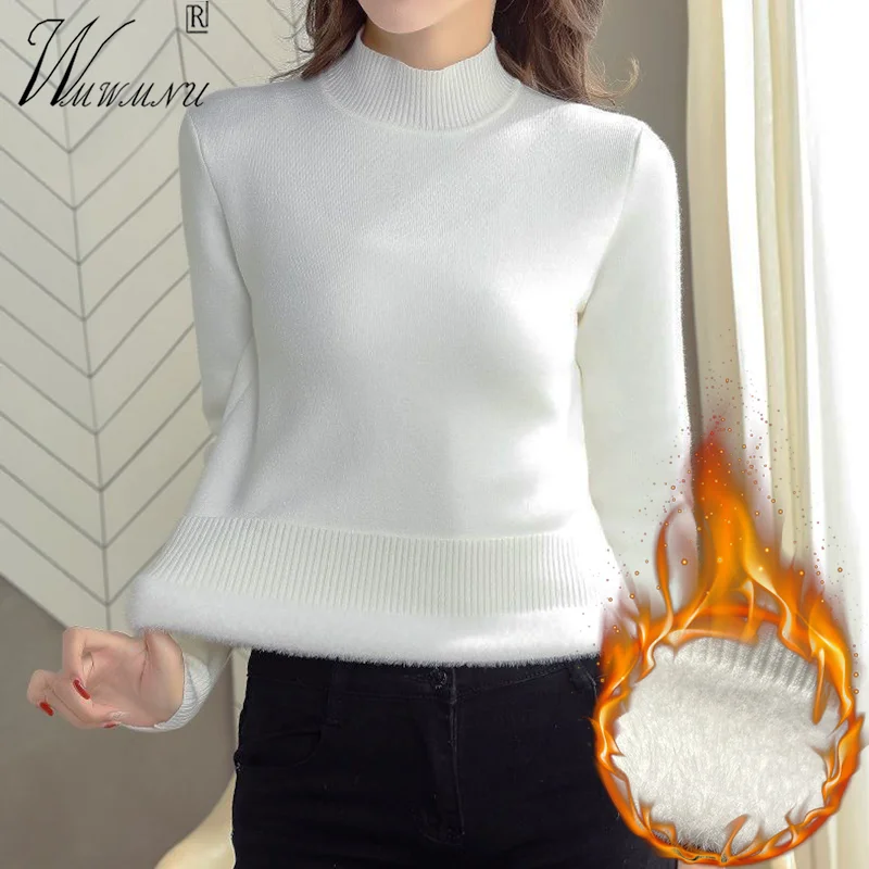 

White Thicken Half Turtleneck Sweaters Plus Velvet Women Winter Slim Pullover Casual Soft Knit Sueter Basic Knitwear Tops
