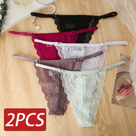 2PCS/Set Women Lace Panties Sexy Low-waist Adjustable G String Thongs Women Breathable Underwear Female Lingerie Intimates S-XL