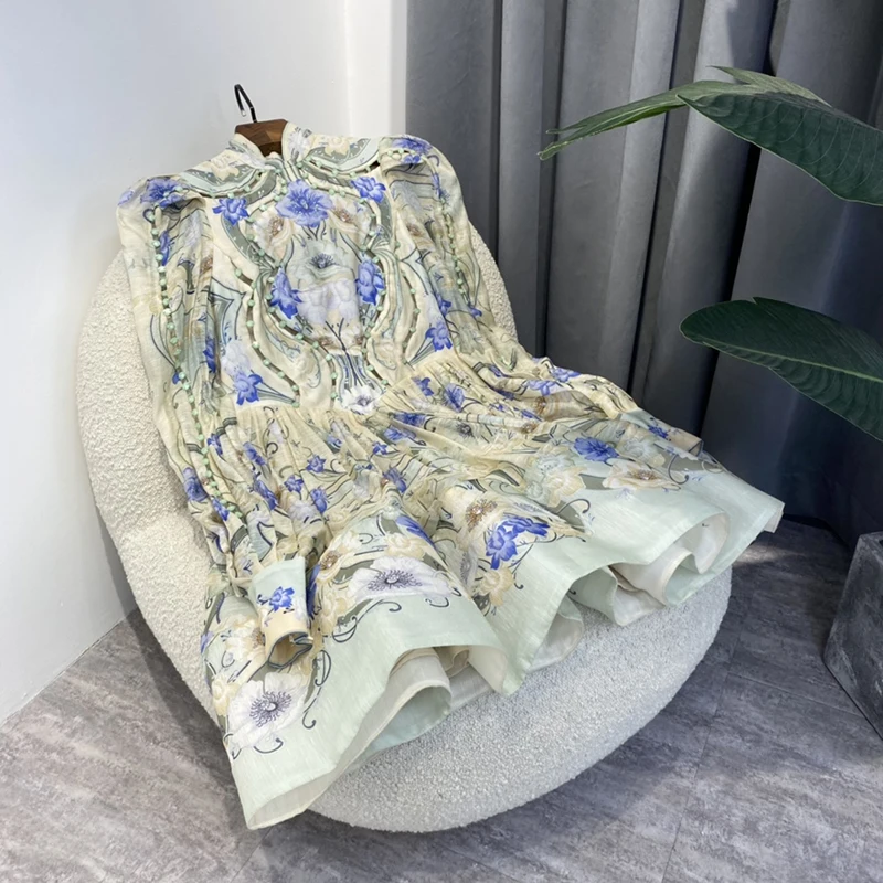

Texture 2022 Summer Top Quality Linen Silk Blue Baroque Floral Placement Printing Puff Sleeve Princess Mini Dress Women