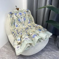 texture 2022 summer top quality linen silk blue baroque floral placement printing puff sleeve princess mini dress women