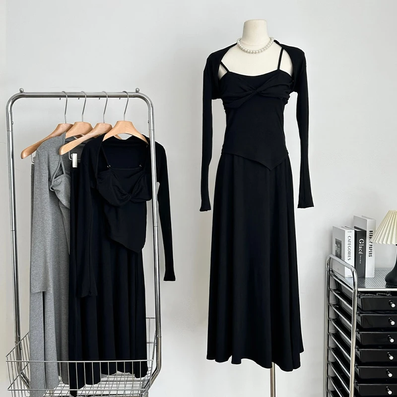 

Женские комплекты из трех предметов, топ-труба + солнцезащитный кардиган + юбка, однотонные Осенние костюмы из трех предметов