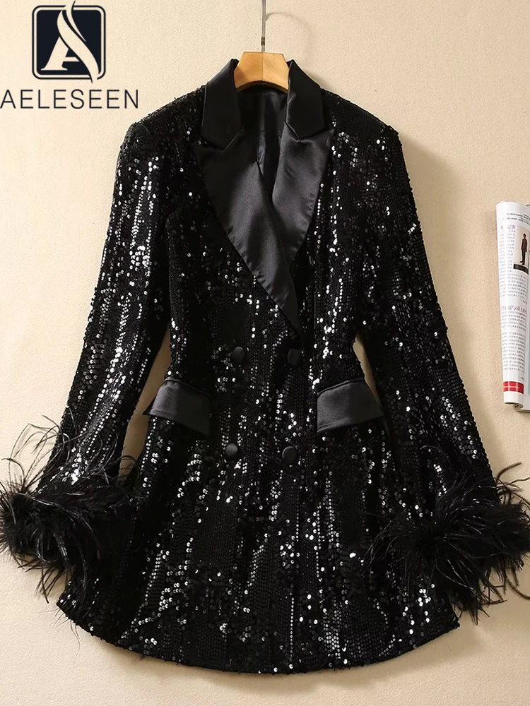 

Женский двубортный пиджак AELESEEN, черный расшитая блестками куртка с вышивкой и перьями, Осень-зима 2019
