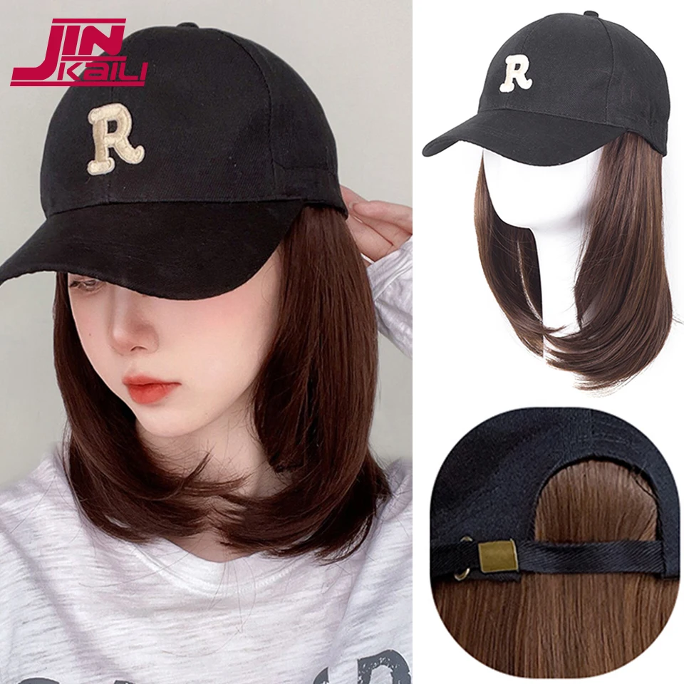 JINKAILI Synthetic Wig Short Bob Baseball Hat Wig Pink Black White Hat Wigs Cap with Hair Naturally Connect Baseball Cap Adjusta