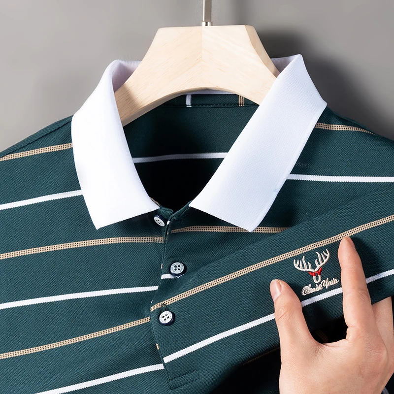 Men's cotton polo shirt embroidered striped T-shirt 2023 summer casual business short sleeved T-shirt men's golf clothing