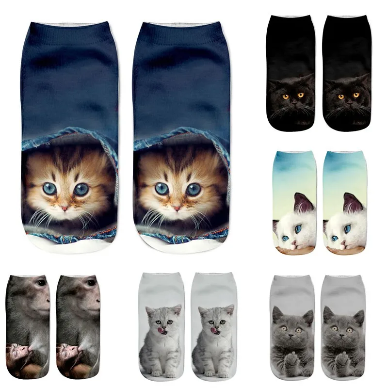 

Новинка, женские носки с 3D принтом кошачьего лица, модные хлопковые носки унисекс в стиле Харадзюку, забавные мягкие низкие носки с животными