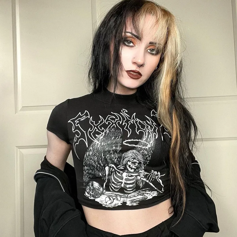 

Goth Gothic Streetwear Black T-shirt Women Harajuku Grunge Printed Short Sleeve Backless Tee Tops Y2k Emo Alternative T-shirt