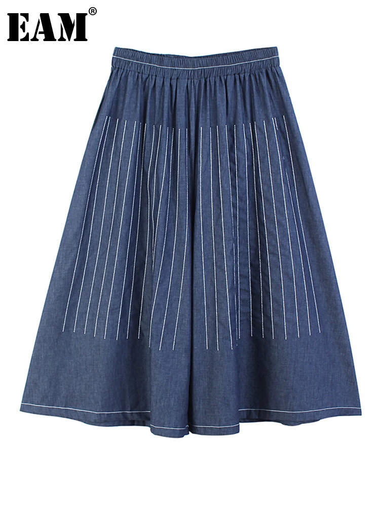 

[EAM] высокая эластичная резинка на талии синяя джинсовая прошитая Повседневная Длинная юбка средней длины женская модная новинка весна осен...