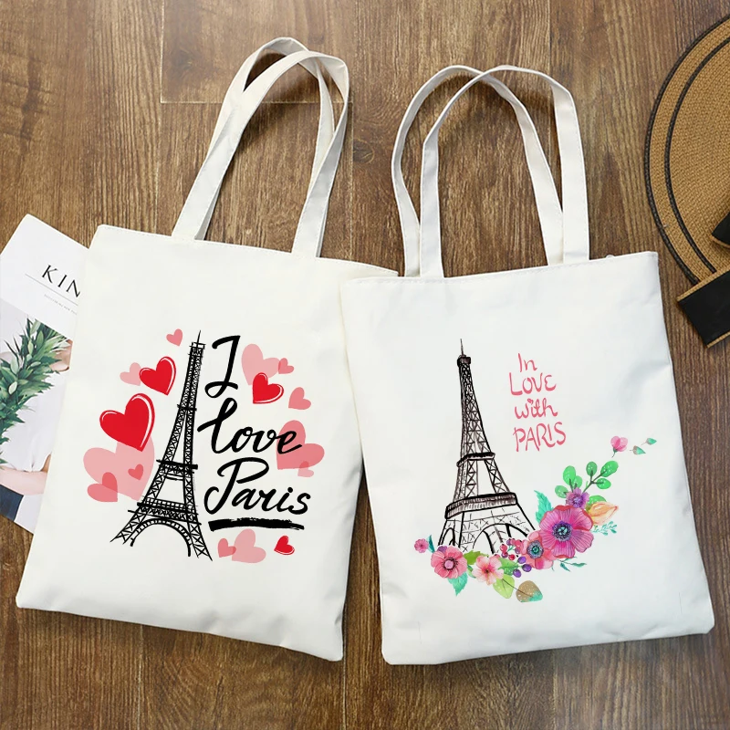 

I Love Paris Print Canvas Shopping Bag Fashion Women Shoulder Bags Bookbag Reusable Large Capacity Hand Bag