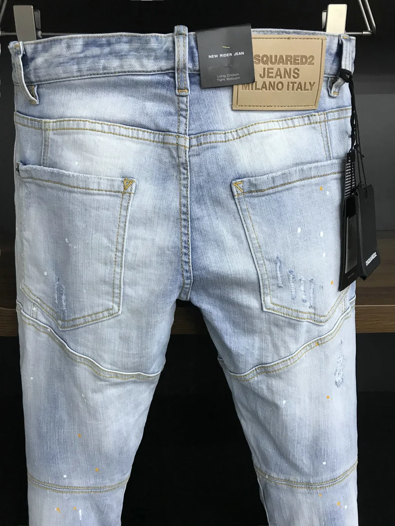 New Men's Dsquared2 Buttons Jeans Ripped For Male Skinny  Pants Men's Denim Trousers Top Quality Slim Jeans A389