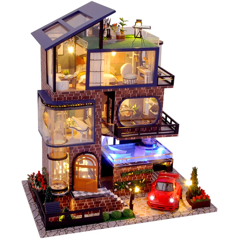 

Деревянный кукольный домик «сделай сам», миниатюрный конструктор, Манхэттен, вилла, кукольный домик с автомобилем в сборе, домик, игрушки для взрослых, подарки на день рождения