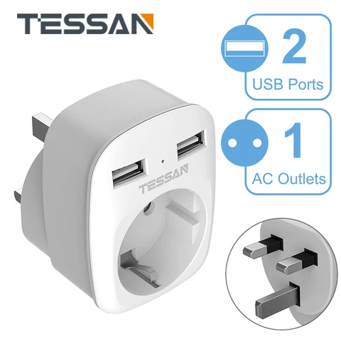 Адаптер TESSAN с европейской розеткой и 2 USB-портами, настенное зарядное устройство USB для Ирландии, Шотландии, Великобритании (тип G)