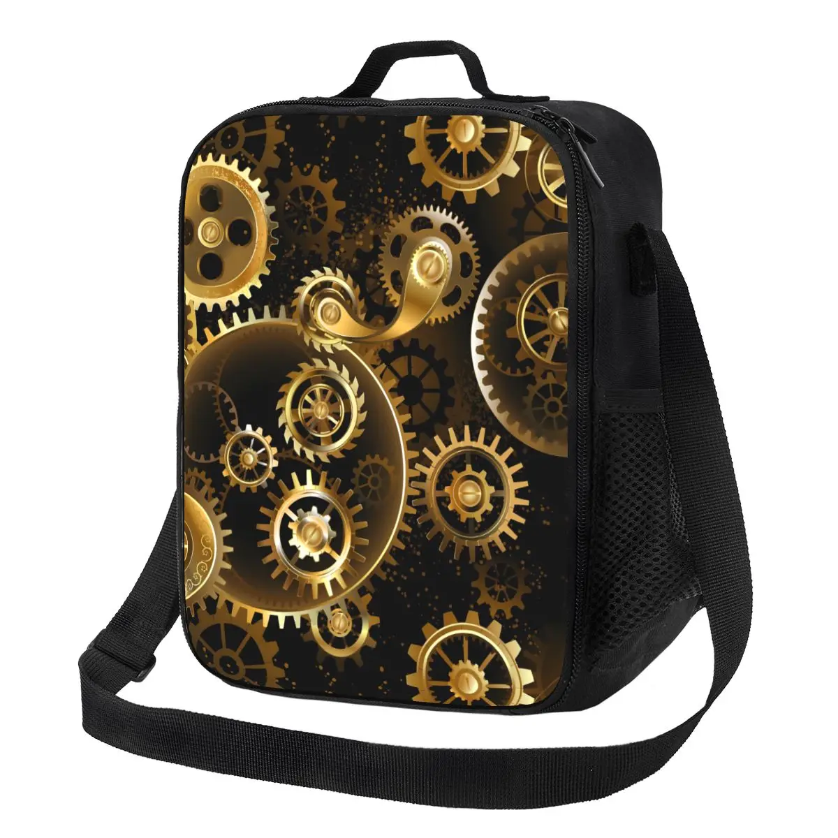

Golden Steampunk Lunch Bag Brass Gears Print Kawaii Lunch Box Beach Portable Thermal Tote Handbags Graphic Design Cooler Bag