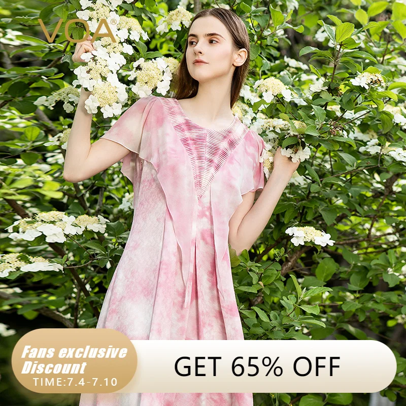 

VOA Jacquard Silk Pink O-Neck Short-sleeved Young Style Three-dimensional Decorative Tuck Pleated Long Silk Dress Dresses AE1360