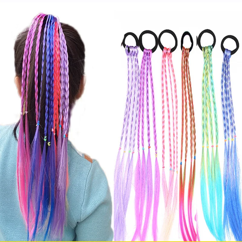 

2023 New Girls Colorful Wigs Ponytail Headbands Rubber Bands Women Elastic Hair Band Braids Long Gradient Color Hair Accessories