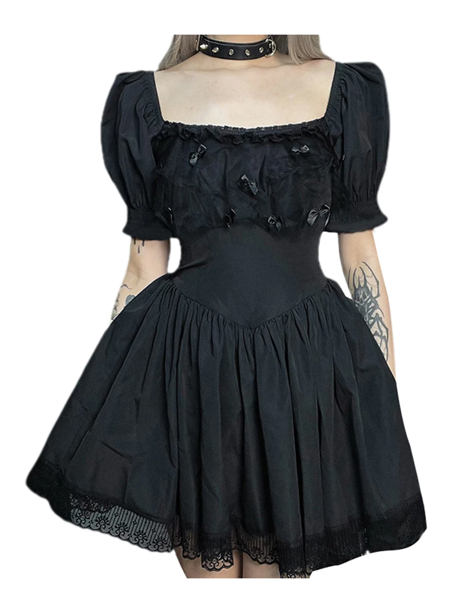 

Women Smocked Backless Square Collar Puff Sleeve Lace Hem Patchwork with Bows Goth A-line Dress