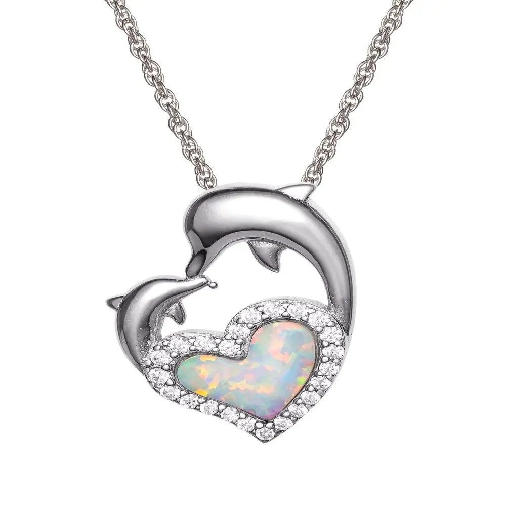 

NEW Sterling Silver Cubic Zirconia Opal Dolphin Pendant Necklace 18" Chain