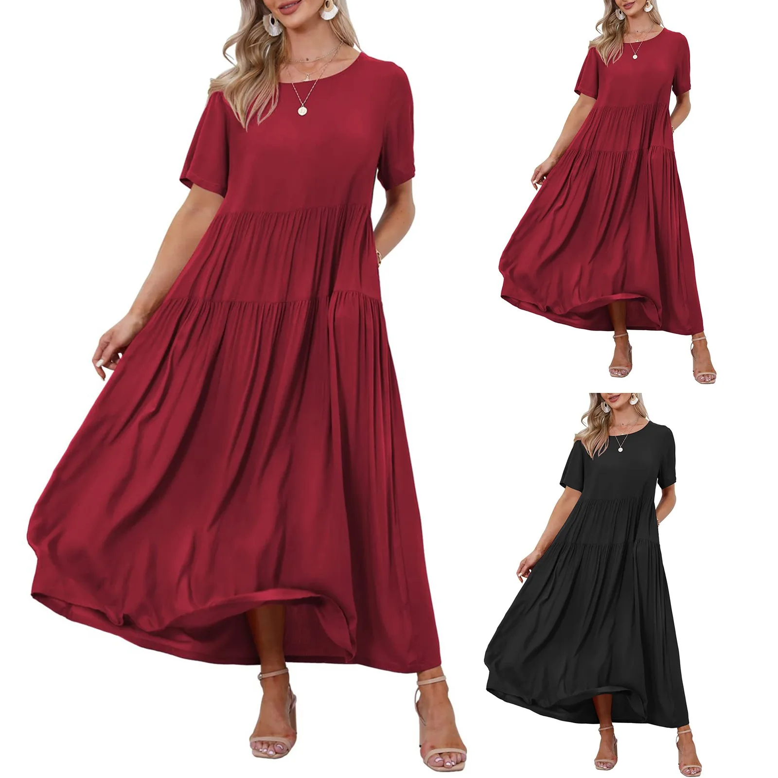 

Women Casual Loose Bohemian Floral Dress With Pockets Short Sleeve Long Maxi Summer Beach Swing Dress Red Slip Dress