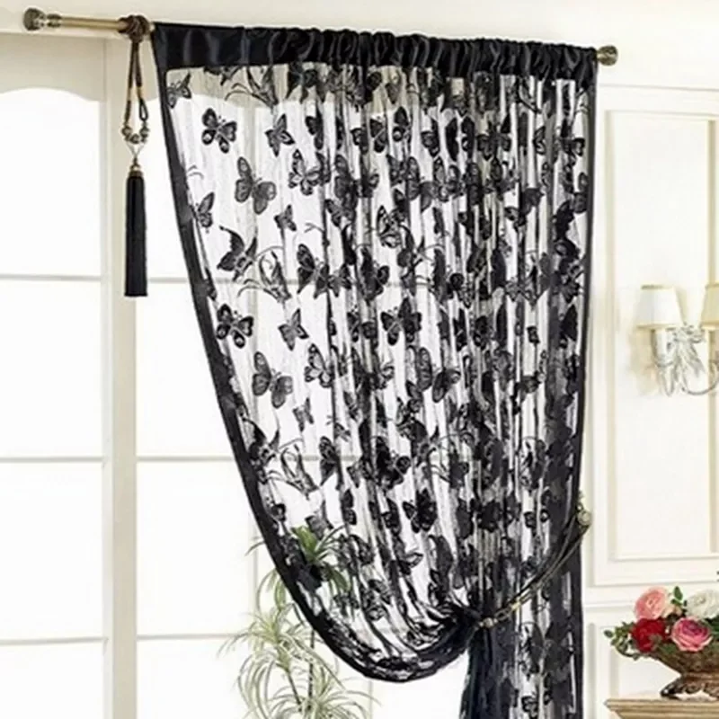

Window Curtain Set Living Room Window Butterfly Pattern Tassel String Room Chiffon Curtain Door Fabric Divider White Curtain