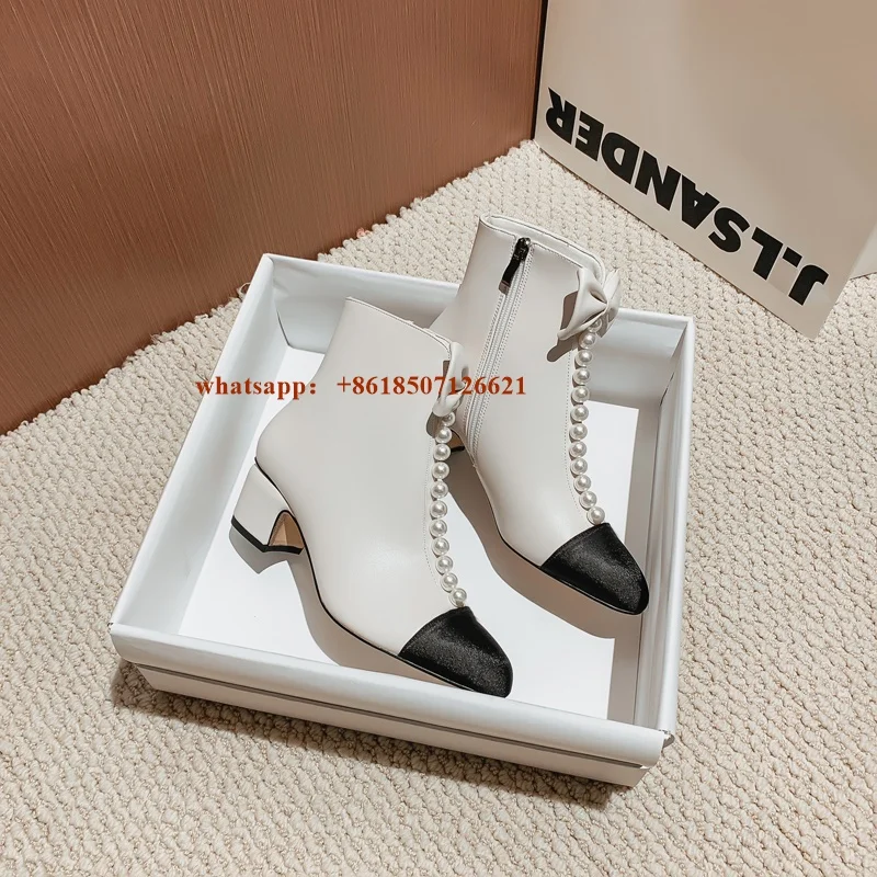 Ботинки женские на толстом каблуке с круглым носком молнии сбоку