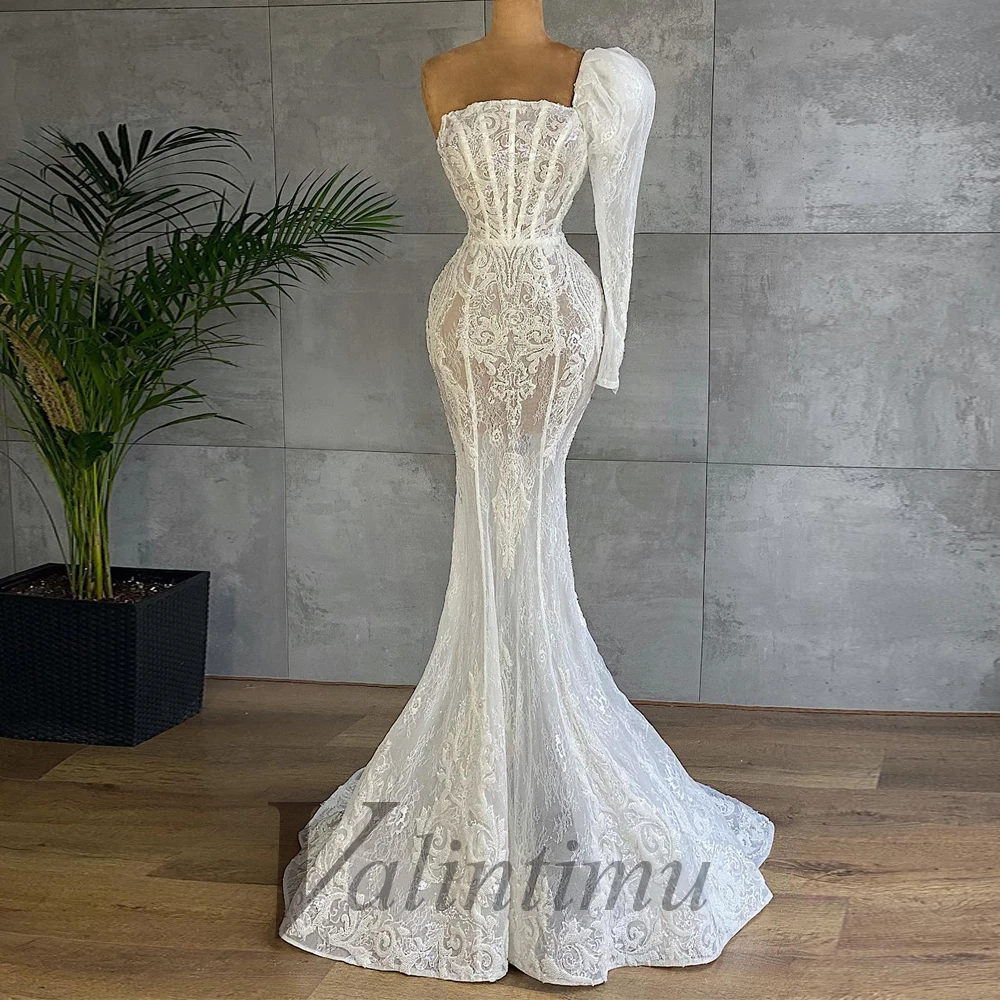 

Charming White Lace Beading One-Shoulder Evening Gowns For Women Mermaid Appliques Made To Order Robes De Soirée Formal Prom