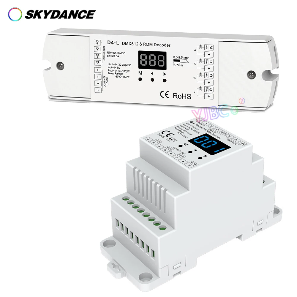 

Skydance D4/D4-L 4 Channel CV DMX512 Decoder 12V-24V 20.5A 4CH RDM DMX signal controller for Single color CCT RGB RGBW LED Strip