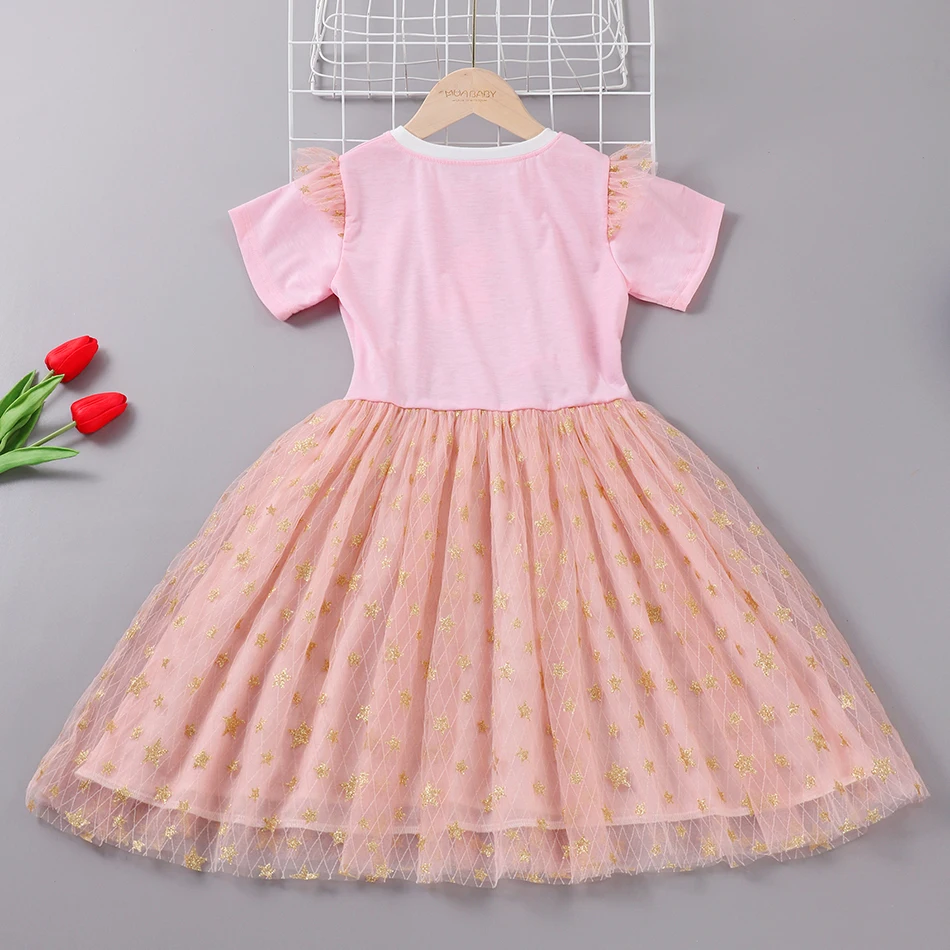 Новинка 2024 летнее платье для девочек хлопковое с мультяшным единорогом Сетчатое