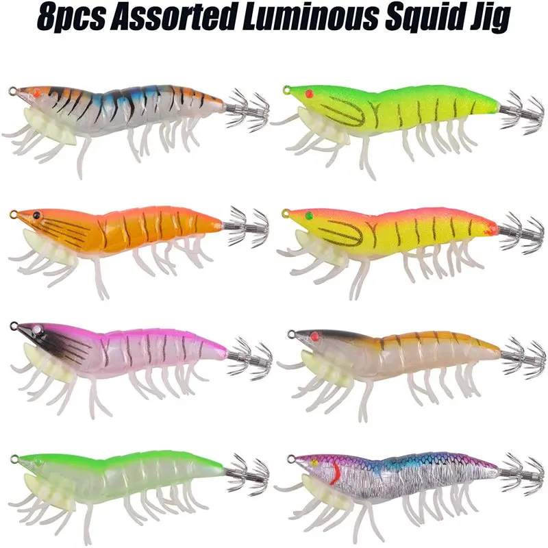 

Squid Glow Super 8pcs Plastic Shrimp Saltwater Fishing Hooks Baits Set Octopus Cuttlefish Squid Fishing Artificial Lure Jig Lure