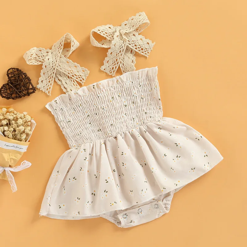 

Baby Girl Floral Romper, No Sleeve Square Neck A-lined High Waist Toddlers Short Bodysuit