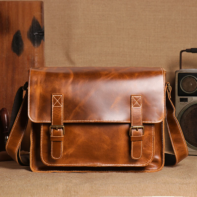 

Vintage Leather Shoulder Leather 9.7 Satchel Man Bag Bag Crossbody Business Horse Ipad Messenger Men's Work Crazy Bags