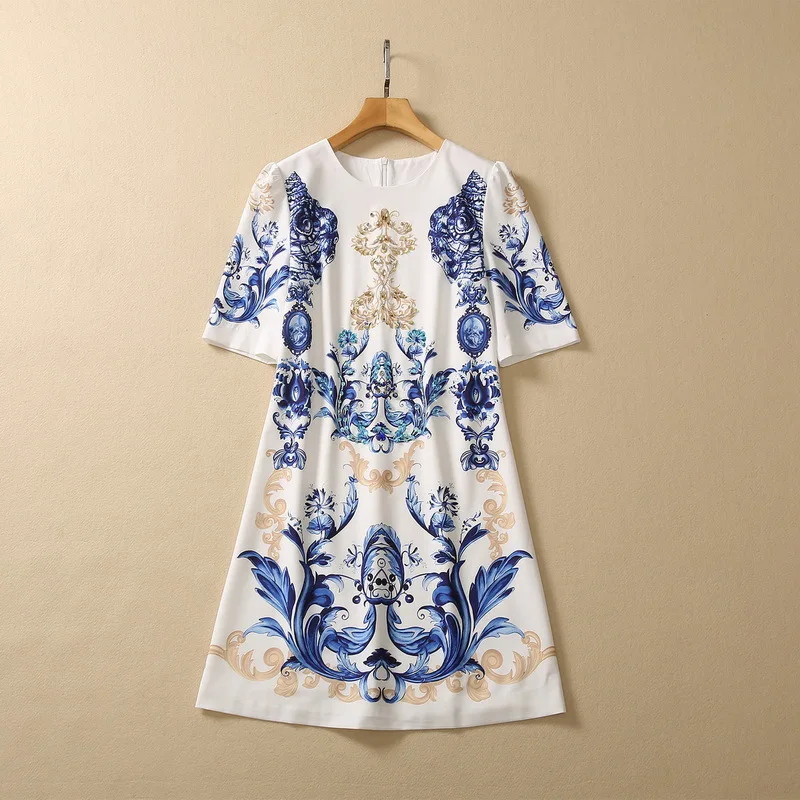 European and American women's dress 2023 summer new style Five-quarter sleeve studded beaded printed crew collar Fashion dress
