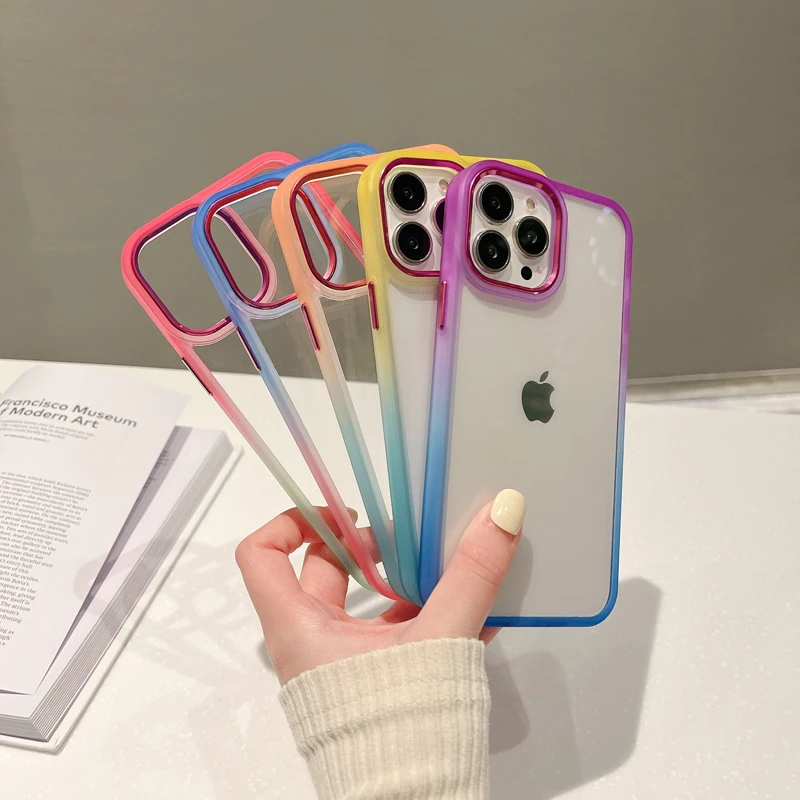 

For iPhone 14 13 12 Pro Max Case Fashion Colorful Gradient Bumper Transparent Hybrid Acrylic Clear Cover for iPhone 13 14 Pro