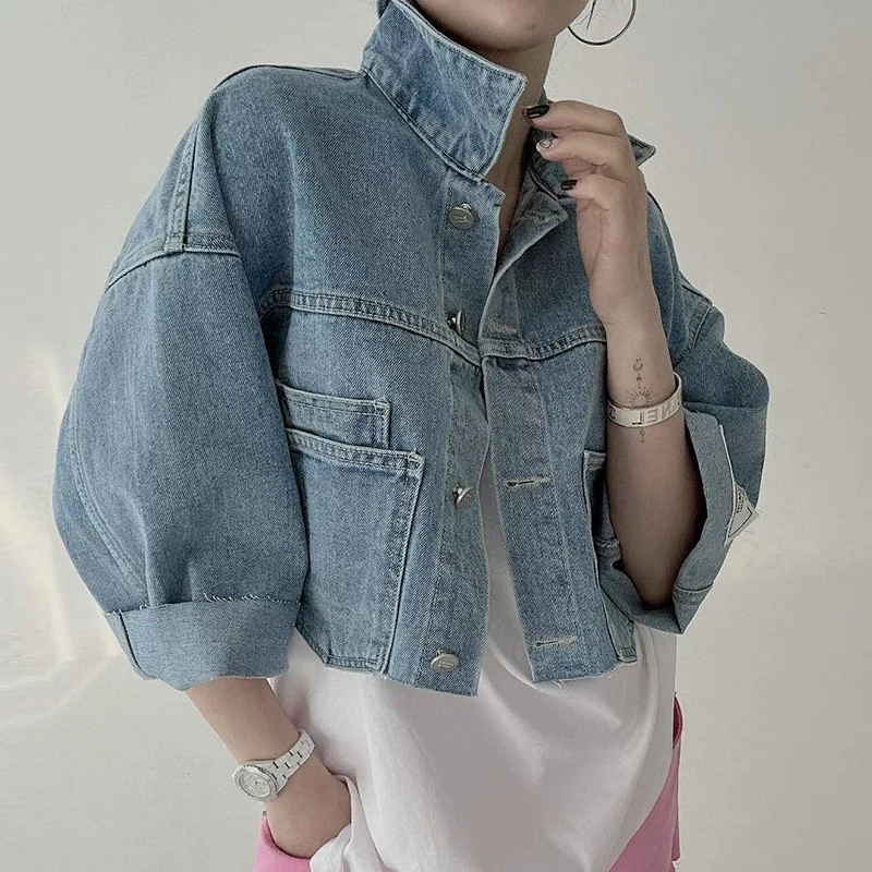 

Cropped Denim Jacket Women Spring Summer Chic Double Pocketes Outerwear Tops Korean Fashion Loose-fit Casual Jeans Jacket