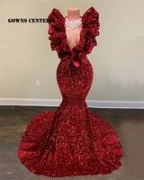 red sequin prom dresses for black girls mermaid party dresses african eveing gowns v neck formal gowns sparkly robe de femme