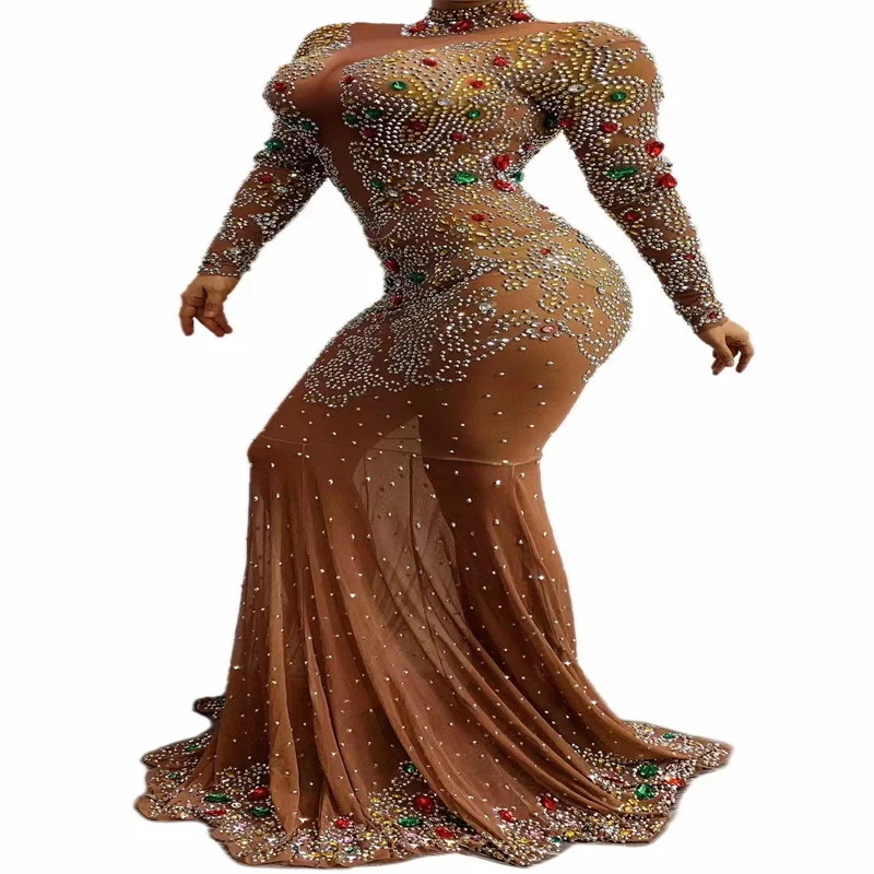 

Q334 Jumpsuit Long Sleeves See-Through Gem Singer Full Crystals Host New Rhinestones Elastic Stretched Diamonds Fishtail Skirt