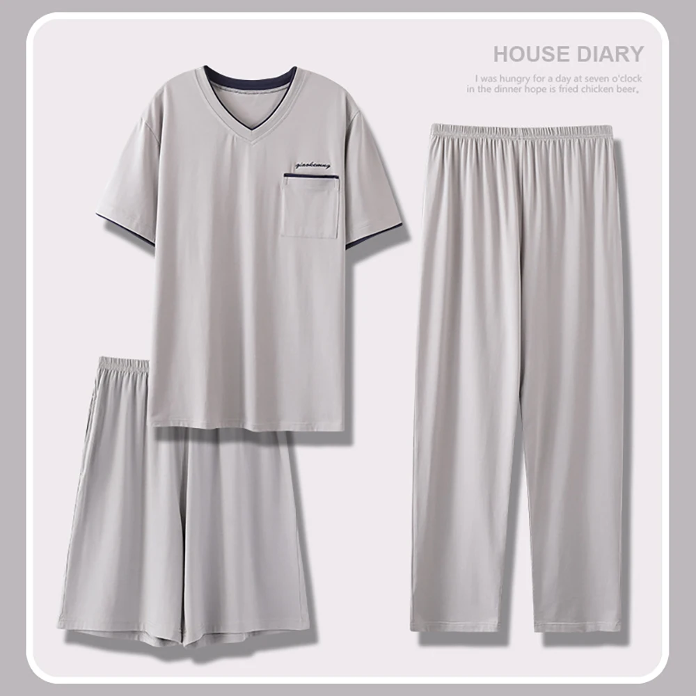 3pcs 4XL Big Size Pajamas For Men Simple Casual Short Sleeve Sleepwear Top + Elastic Shorts+ Men Pajama Pants Soft Modal Pijama