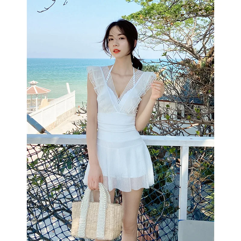 

2022 new ins style swimsuit ladies one-piece skirt slimming cover belly conservative bathing hot spring beach vacation swimwear