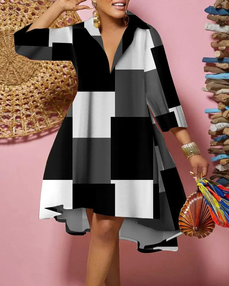 Plus Size Elegant Women Dress Patchwork Print V Neck Club Outfit Casual Loose Luxury Gown 2023 Summer Wide Evening Party Dress
