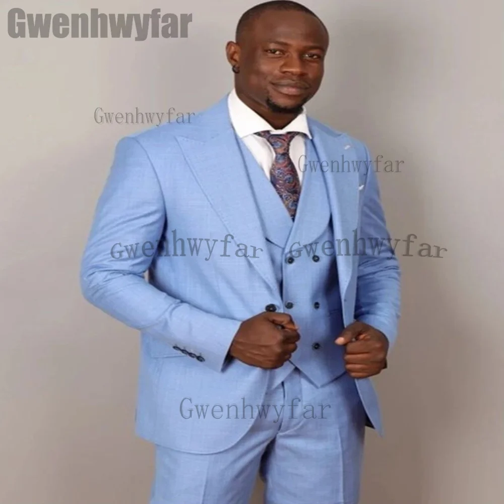 

Gwenhwyfar Sky Blue Wedding Men Suits 3 Piece Peak Lapel Slim Fit Bussiness Male Tuxedos Groom Prom Blazer Set(Blazer+Vest+Pant)