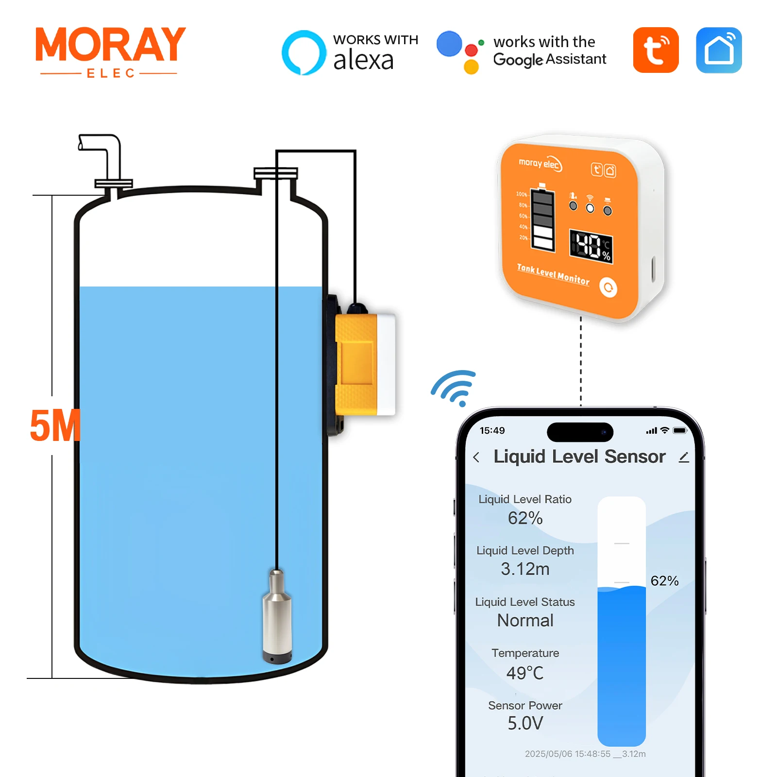Фото Лидер продаж 5 м Moray ME202R Tuya Smartlife APP WIFI ЖК-дисплей температуры погружной уровень монитор уровня воды и жидкости №1