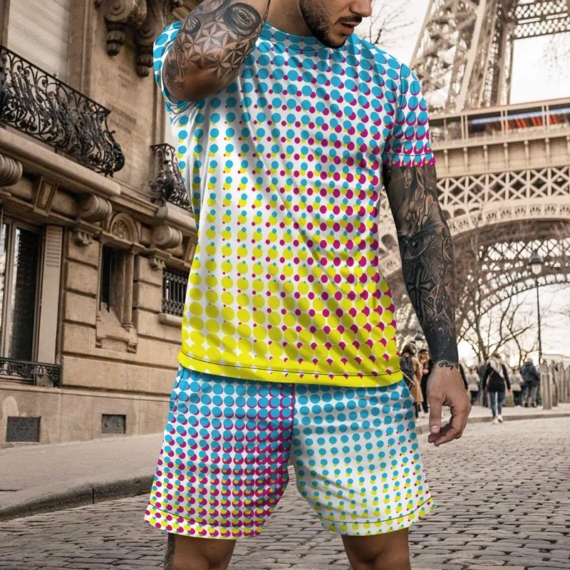 

New Arrival Sportswear Suit Colored Dots 3D Printing Casual Loose Breathable Men's Outdoor T-shirt + Shorts 2 Piece Set Outfits
