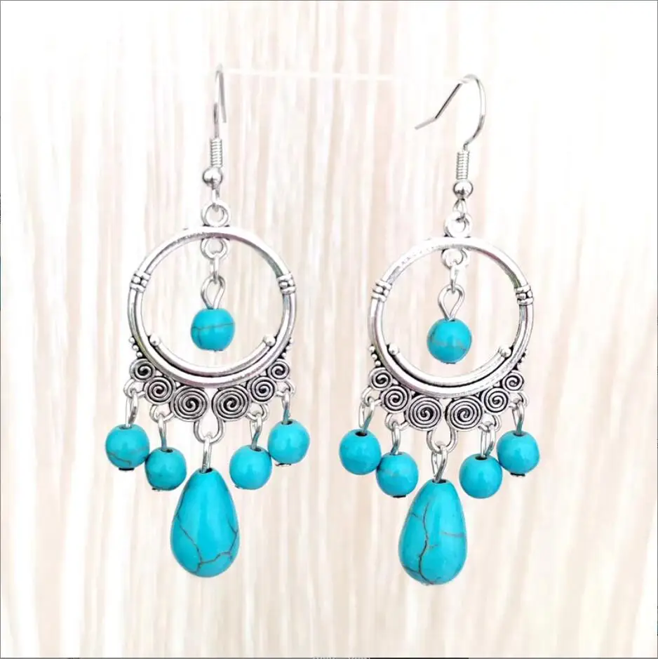 

1PC Bohemian Tassel Pendant Earrings Ethnic Ancient Silver Turquoise Dangling Earring Women Jewelry Gift F1635