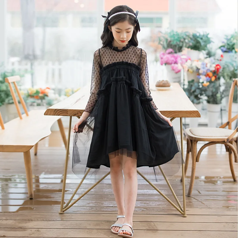 

Long Sleeve Lace Black Party Mesh Dress for Girls 8 10 12 years Elegant Ceremony Kids Clothes