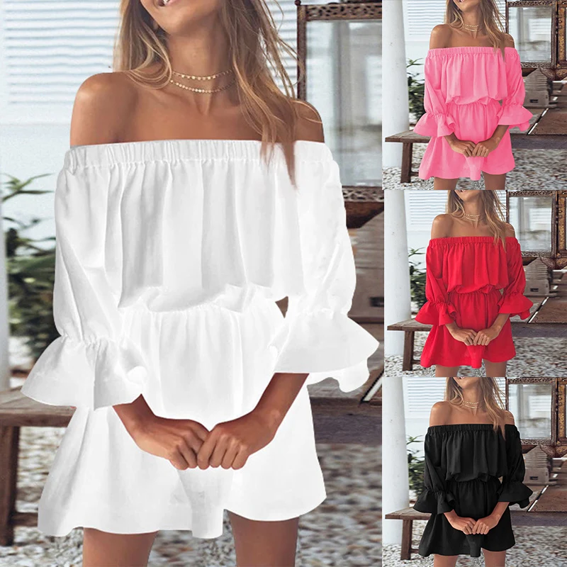 

Платье женское пляжное однотонное с воротником-лодочкой, пикантный элегантный повседневный свободный вечерний мини Сарафан с открытыми плечами и длинным рукавом, на лето