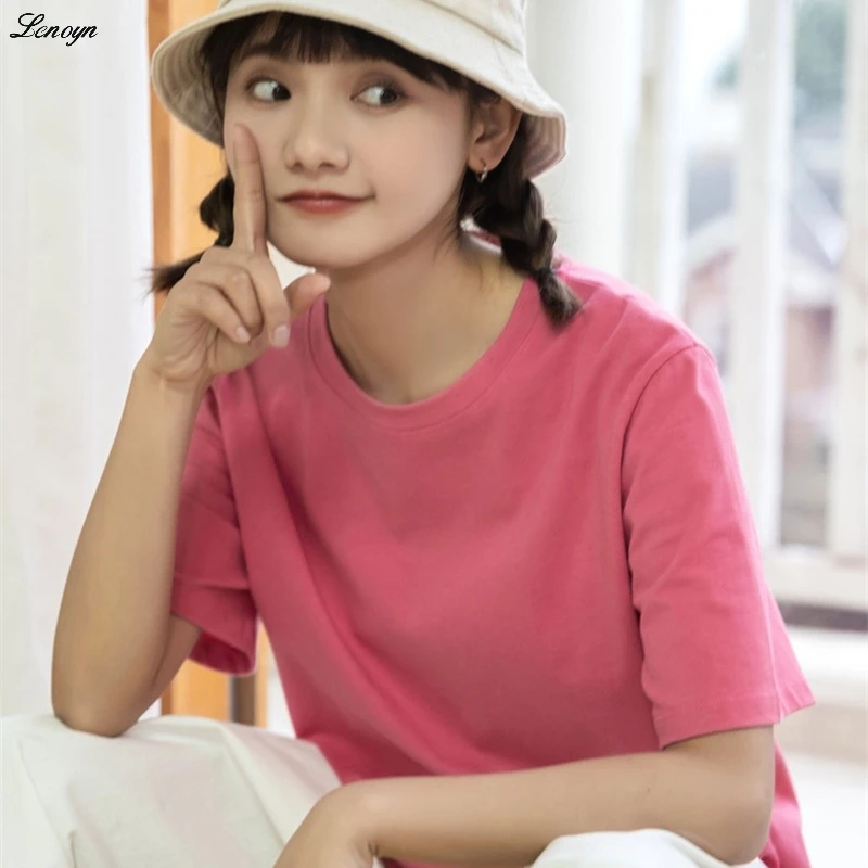 

Новинка 2023, простые белые женские футболки Lenoyn с круглым вырезом, хлопковые Женские однотонные летние топы с коротким рукавом, женские футболки