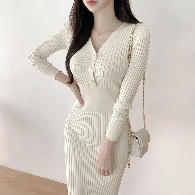 

Женское трикотажное платье-свитер, однотонное плотное трикотажное платье в Корейском стиле, Осень-зима 2022