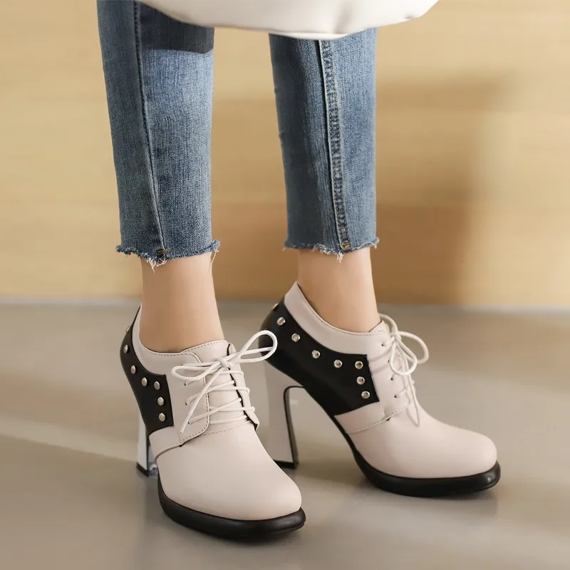 

2022 New Arrival High Heels Shoes Patchwork Pu Leather Women Pumps Fashion Lace Up Platform Rivets Party Shoes Black White Pink