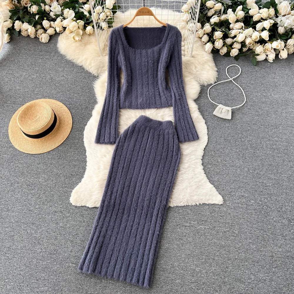 

Autumn Knitted Two-Piece Set Women's Square Collar Long-Sleeved Pullover Slim Skirt Suit Solid Color Ladier Sheath Sweater