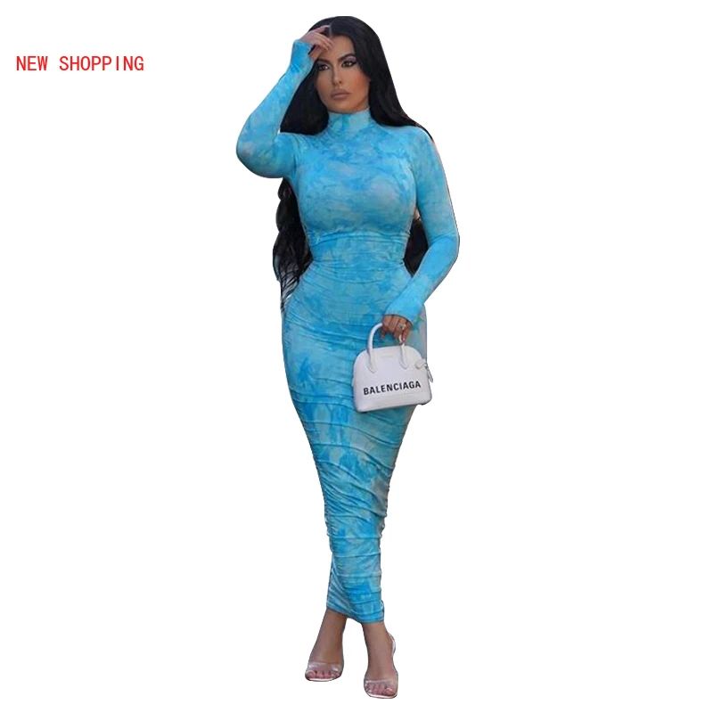 

Summer Sexy Bodycon Women Skinny Long Maxi Dress Tie-dye Print Party Night Club Elegant Long Sleeve Bandage Dresses Vestidos New
